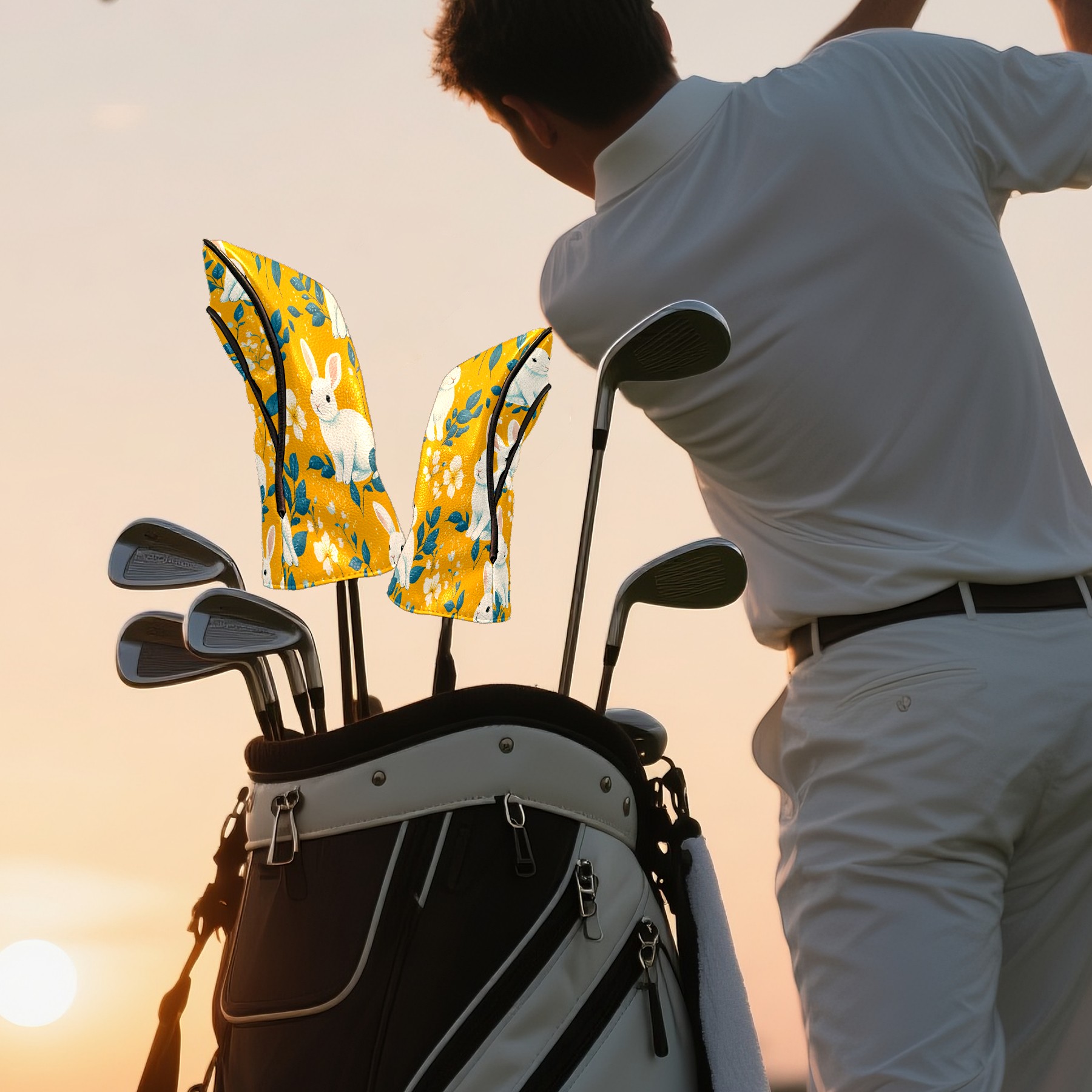 Golf Club Covers PU Leather Waterproof Head Covers for Fairway Woods Hybrids White Rabbit