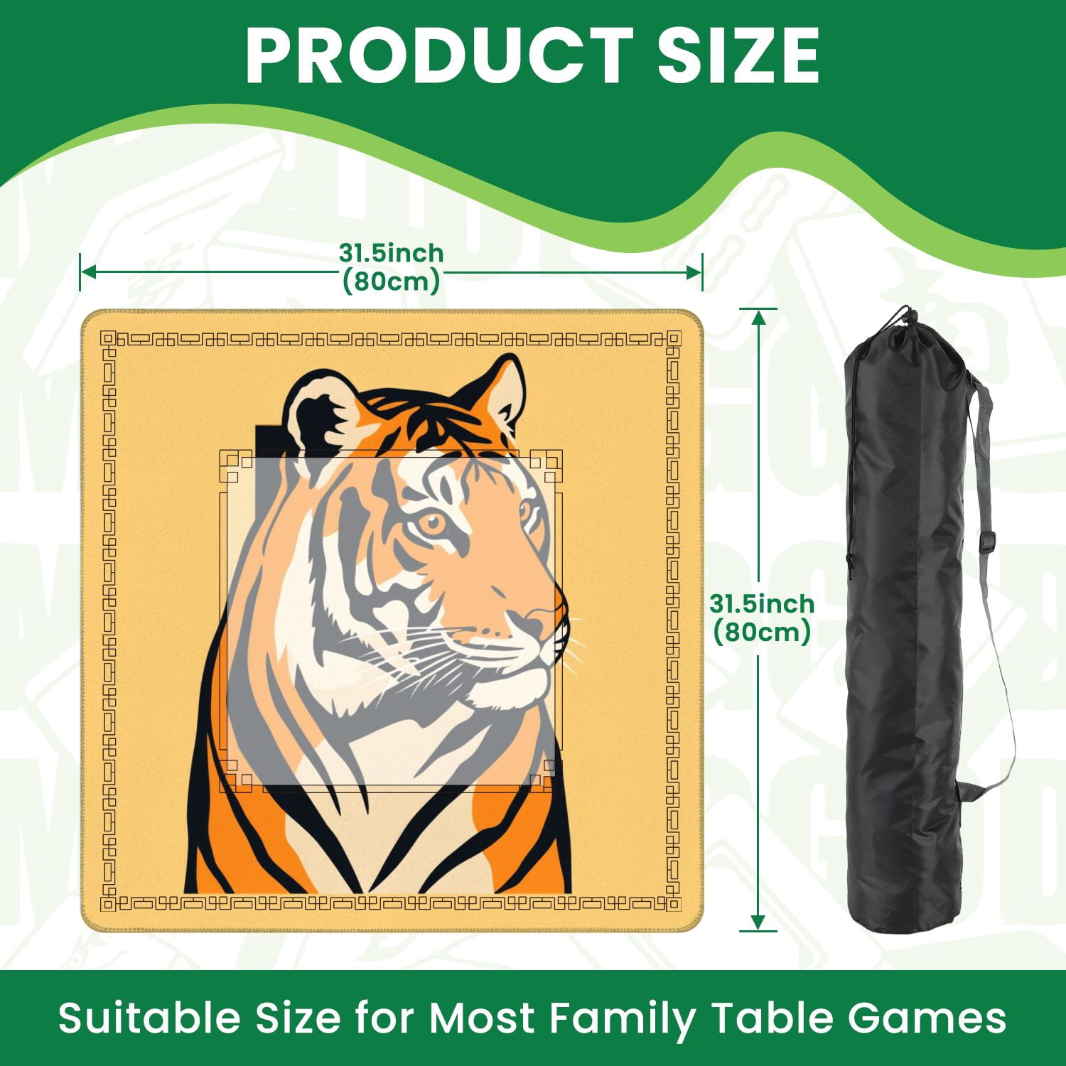 Mahjong Mat 31.5" x 31.5" Bold Tiger Portrait Stripes Neutral Non-Slip Noise Reduction American Mahjong Tiles Table Cover for Dominoes Poker Card Board Games Gift