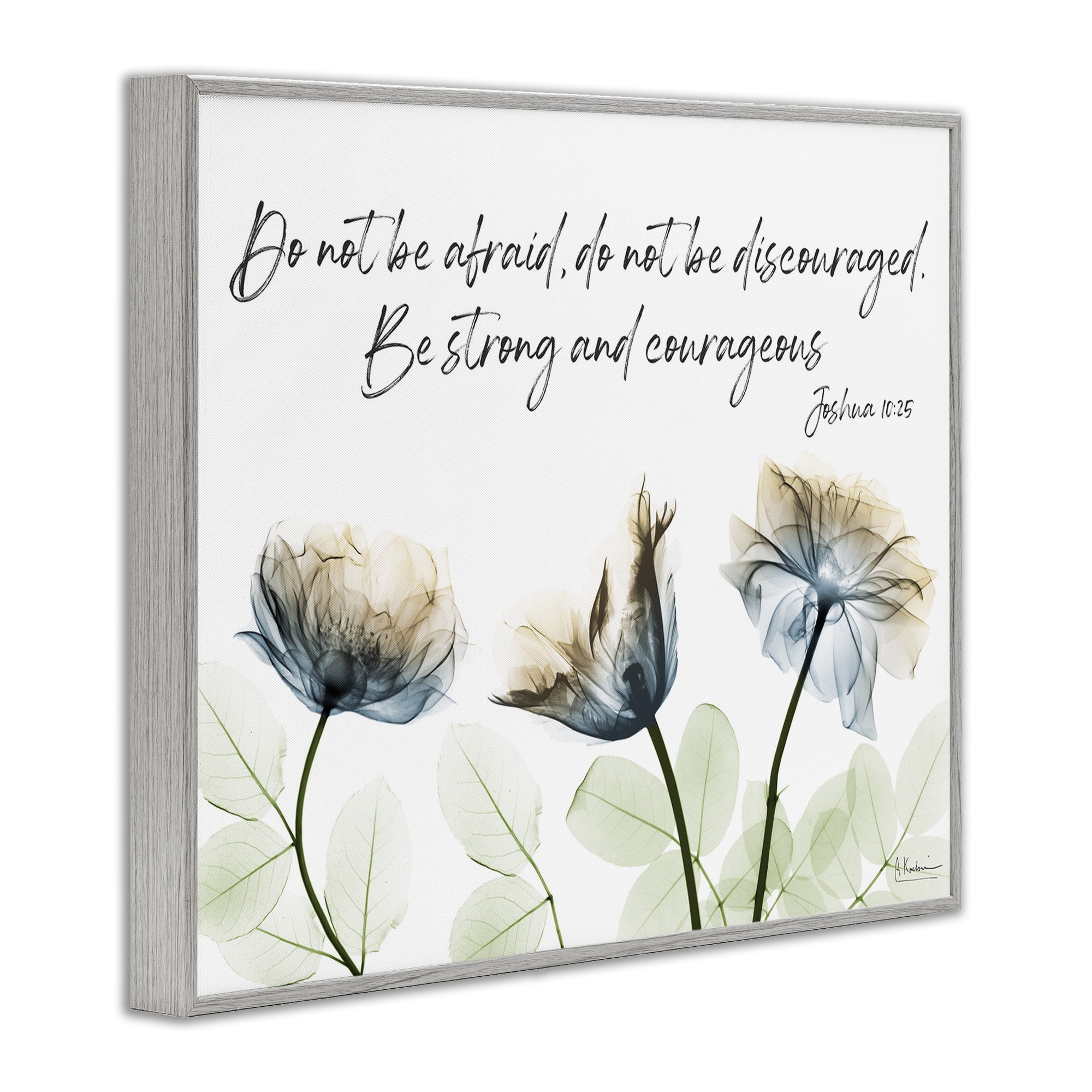 Stupell Industries Strong & Courageous Floral Religious Painting Gray Framed Art Print Wall Art, 14 x 11
