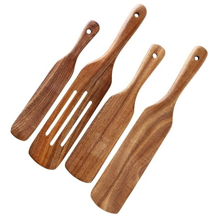 

Wooden Cooking Utensils 4 Pcs Natural Teak Kitchen Utensil Set Heat Resistant Non Stick Wood Cookware with Hanging Hole