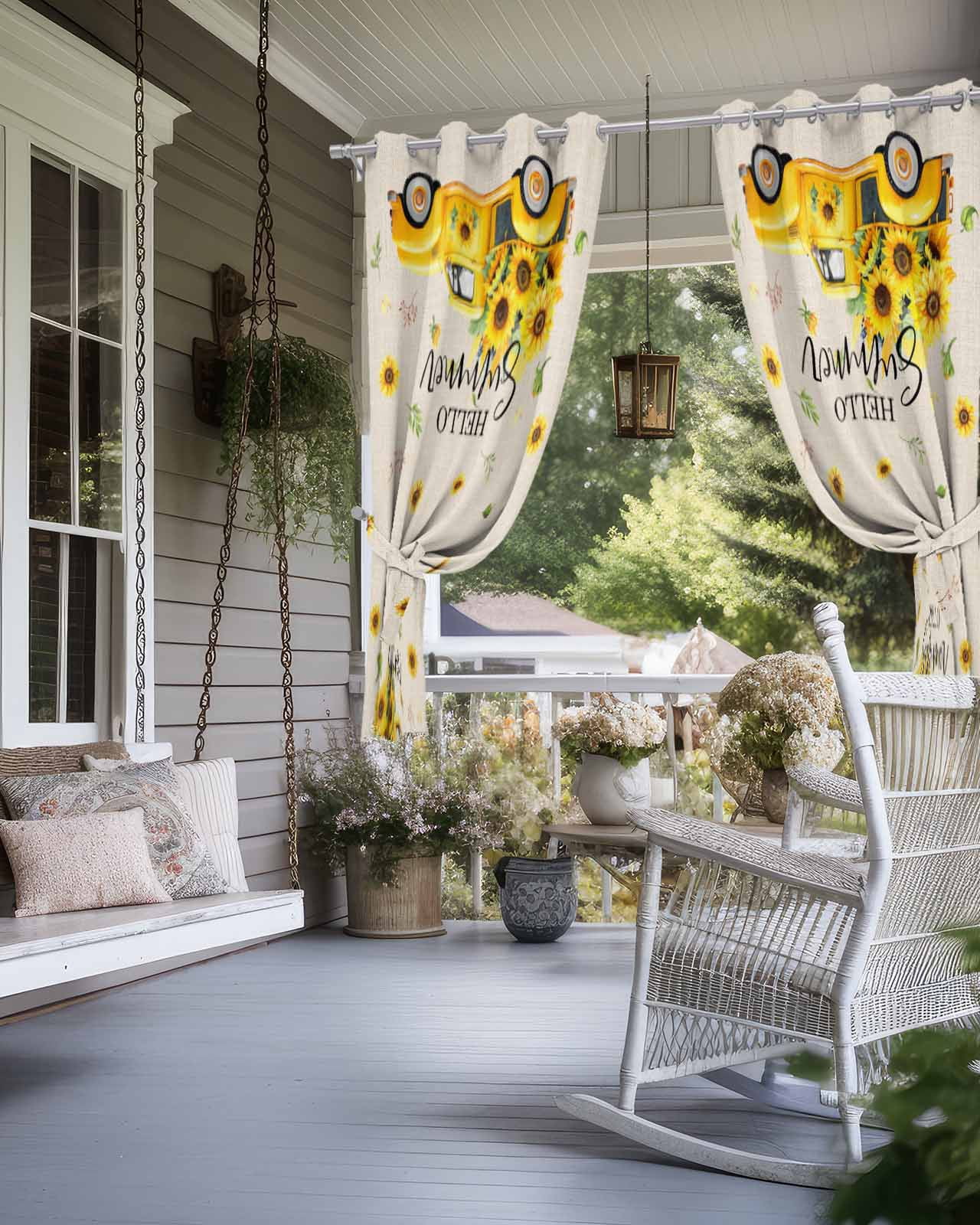 Outdoor Curtains for Patio, Summer Sunflower Waterproof Blackout Outside Curtain for Porch/Pergola/Gazebo, Yellow Truck Botanical Rustic Thermal Insulated Drapes for Cabana, 2 Panels, 54 x 95 Inch