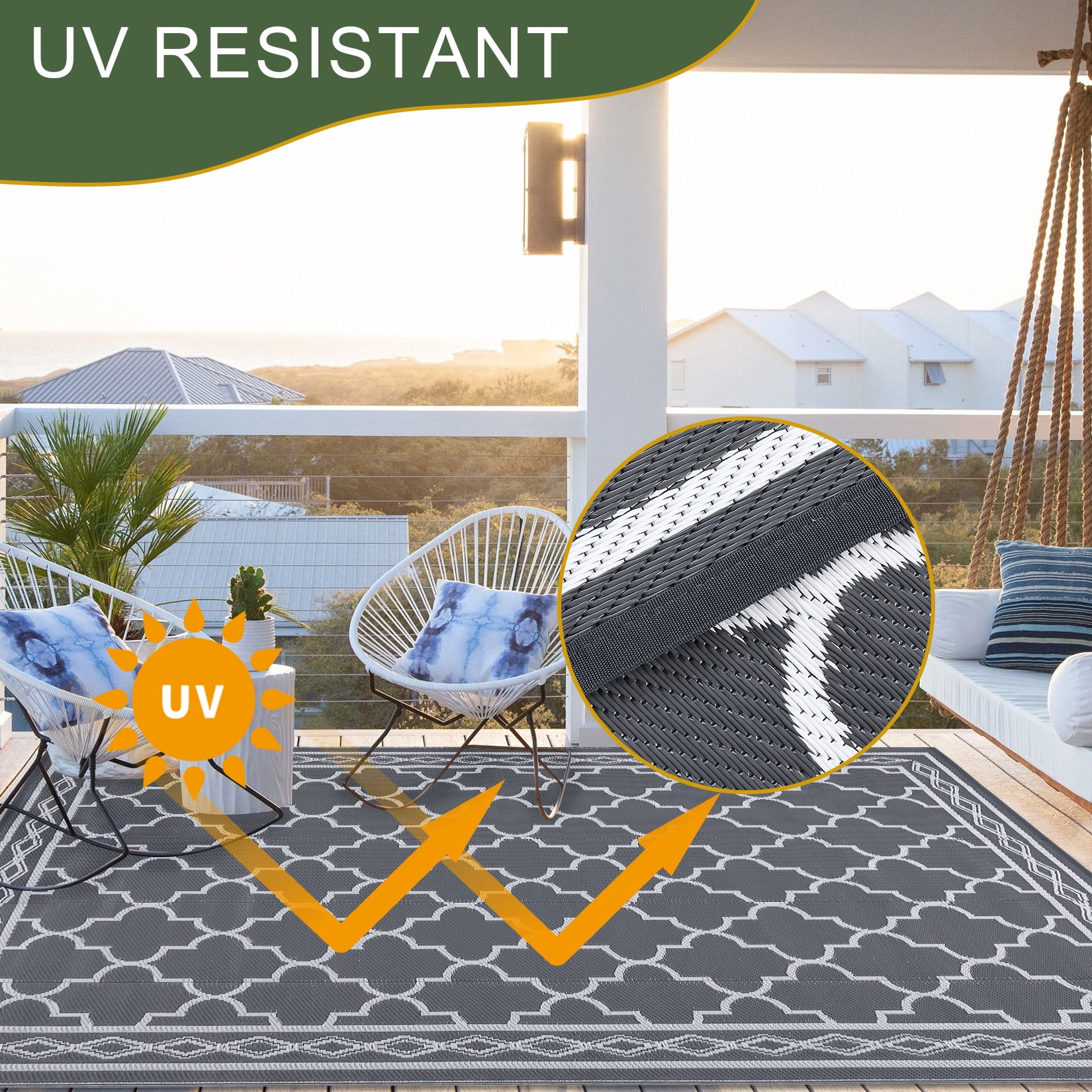 Nanan 10x14 Outdoor Rug,Lightweight Reversible Outdoor Rug, Trellis Pattern with Decorative Diamond Border, Weather Resistant Easy Clean for Garden, Balcony, Poolside, Picnic, Gray