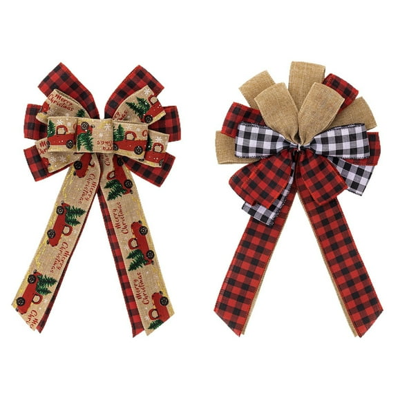 Sinkoo 2 Pcs 15.7" x 9.4" Large Red Bows Christmas Tree Decorations, Buffalo Plaid and Burlap Ornament Bow for Xmas Home Wreath Fence Stairs Railing Fireplace Indoor Outdoor Front Door Decor