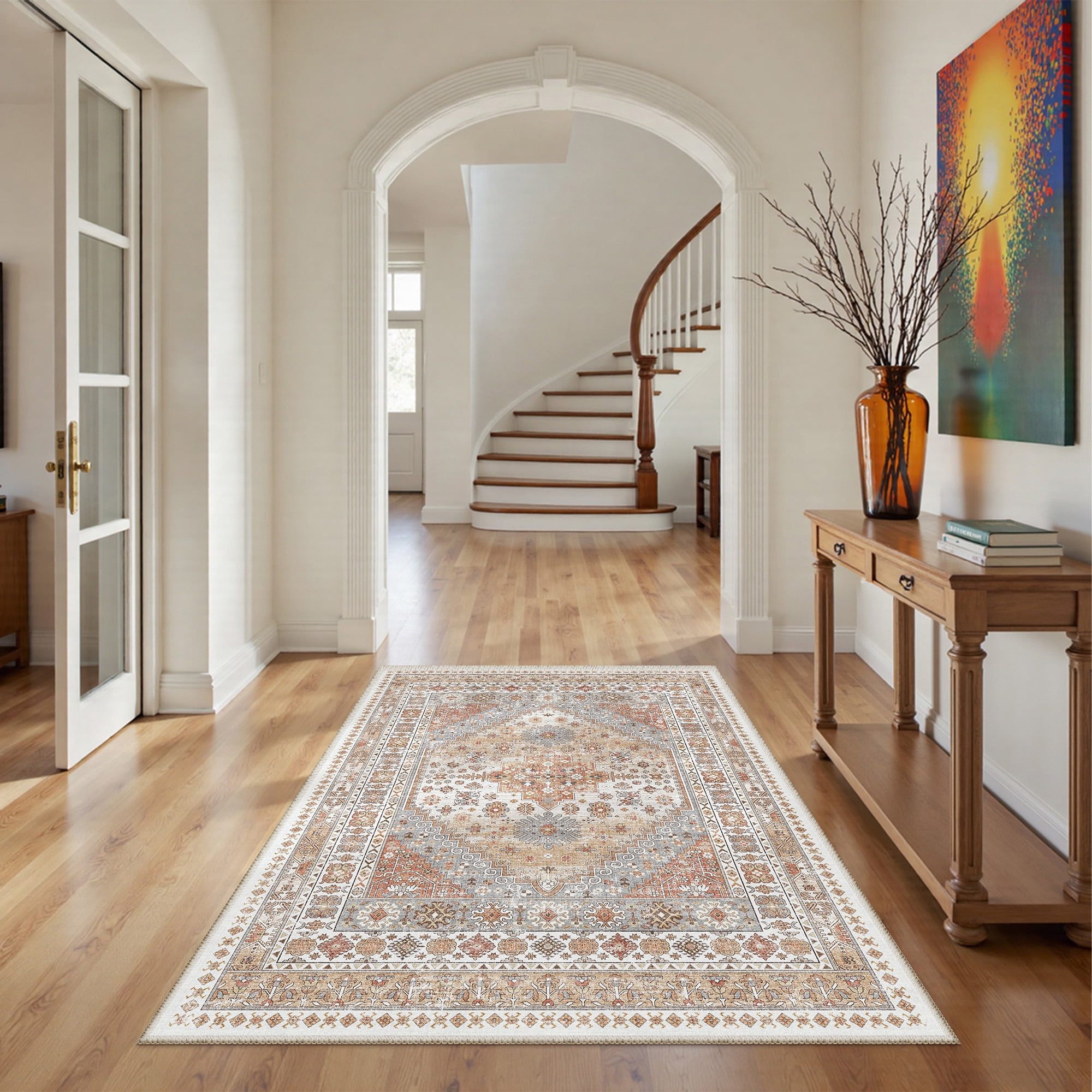 Roxstand Washable Area Rugs 3x5, Stain Resistant Lightweight Vintage Rugs for Living Room, Non Skid Farmhouse Bedroom Rugs(3'x5', Vintage03-Orange)