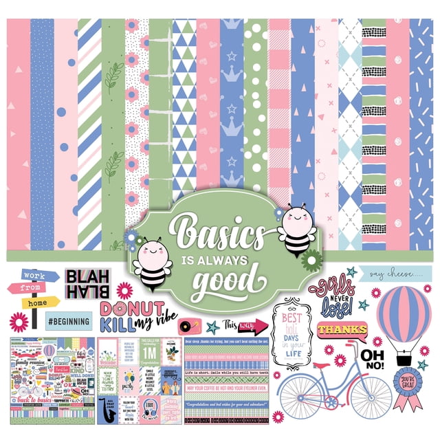 Inkdotpot Basics Is Always Good, Pastel Theme Collection Double, Sided Scrapbook Paper Kit Cardstock 12"x12 Pouces Card Making Paper Pack Of With Sticker Sheet - 16 Pages - Pink, Light Blue & Green