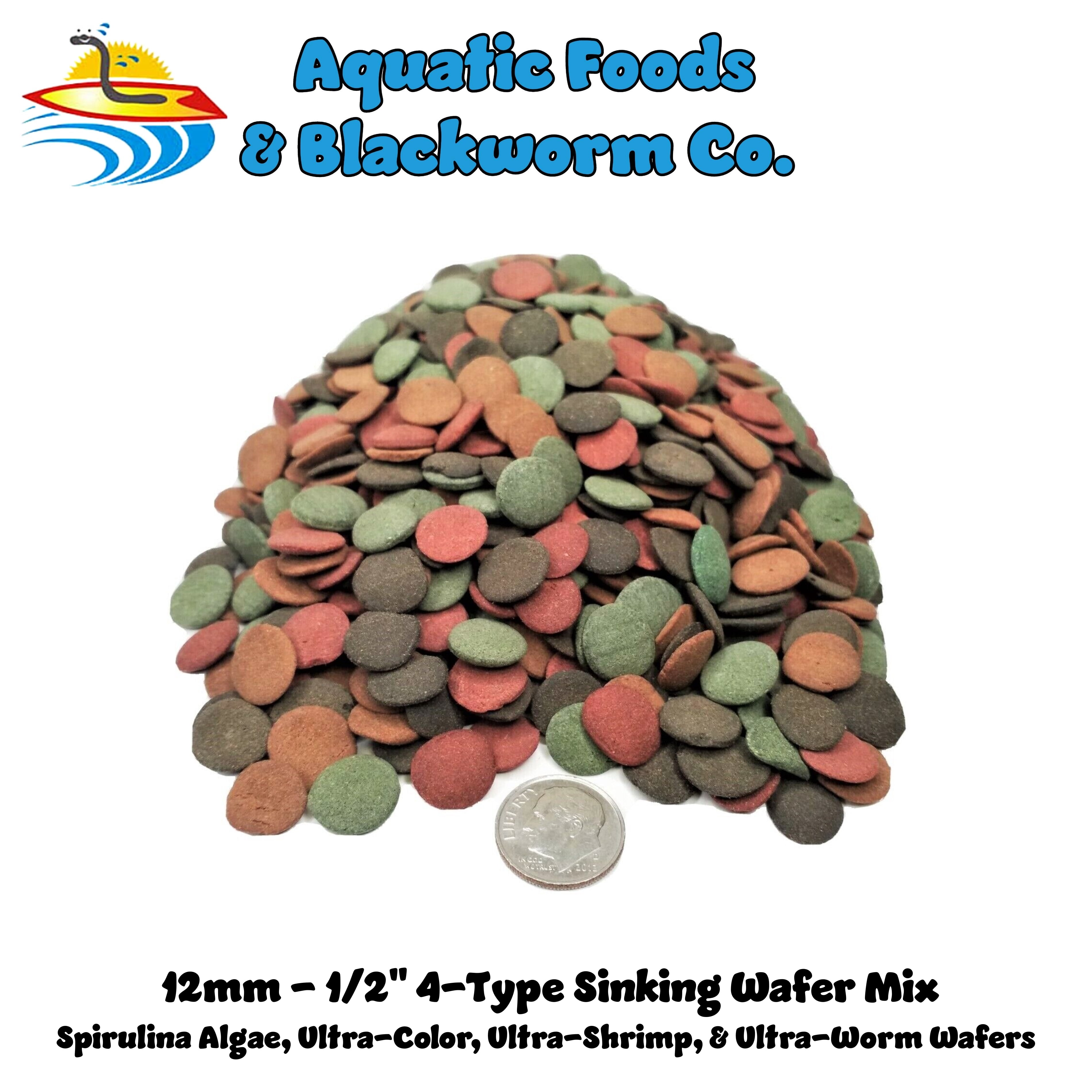 4-Type Mix of 1/2" Sinking Wafers of Spirulina-Algae Wafers, 6-Type Worm Wafers, 10-Type Shrimp Wafer, Intense Color Enhancing Wafers for Shrimp, Snails, Crayfish, Crabs, all Tropical Fish...3-lb Bag