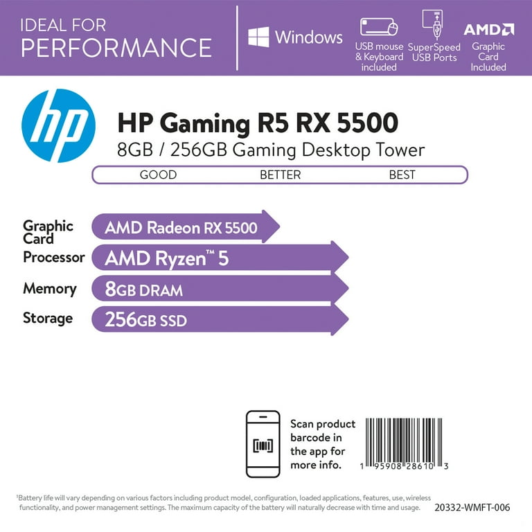HP Gaming R5 RX 5500 Gaming Desktop, AMD Ryzen 5-5600G, AMD Radeon