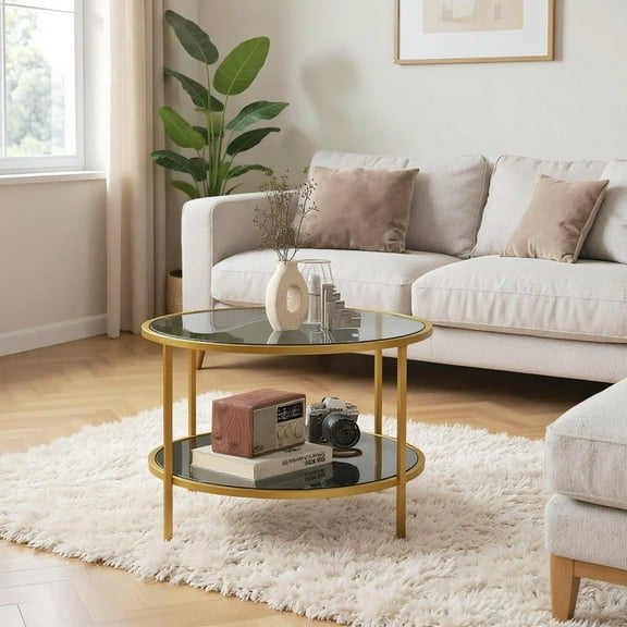 Resenkos 26" Round Side Table with Storage, 2-Tier Tempered Glass Coffee Table, Steel Frame, Adjustable Foot Pads, Gold