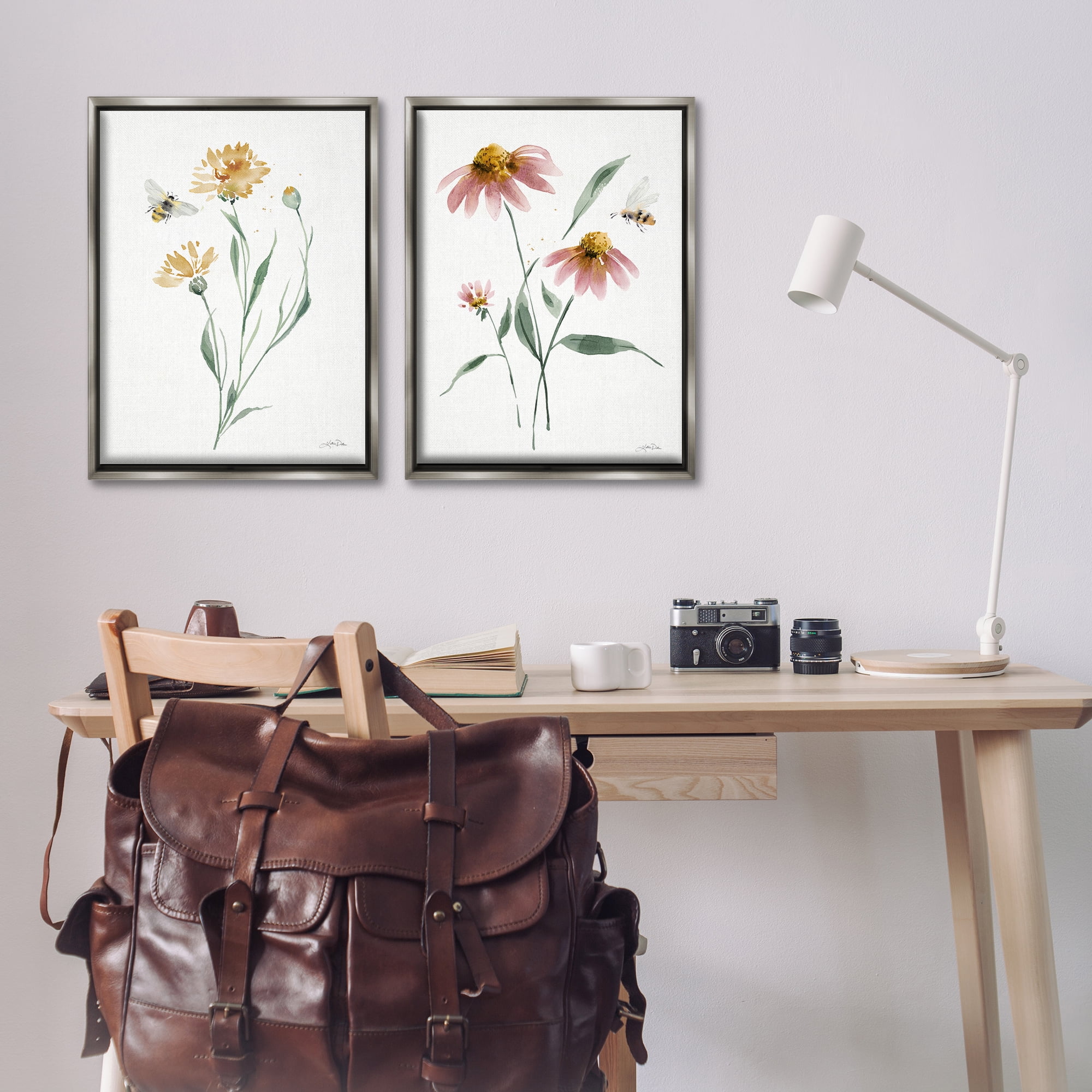 Stupell Industries Flower Stem Bees Plants & Flowers Painting Gray Floater Framed Canvas Art Print Wall Art, 21 x 31, Set of 2