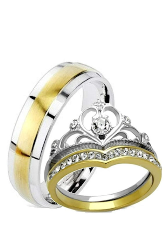 His and Hers Wedding Rings 3 Pc Yellow Gold IP Crown Stainless Steel Wedding Set