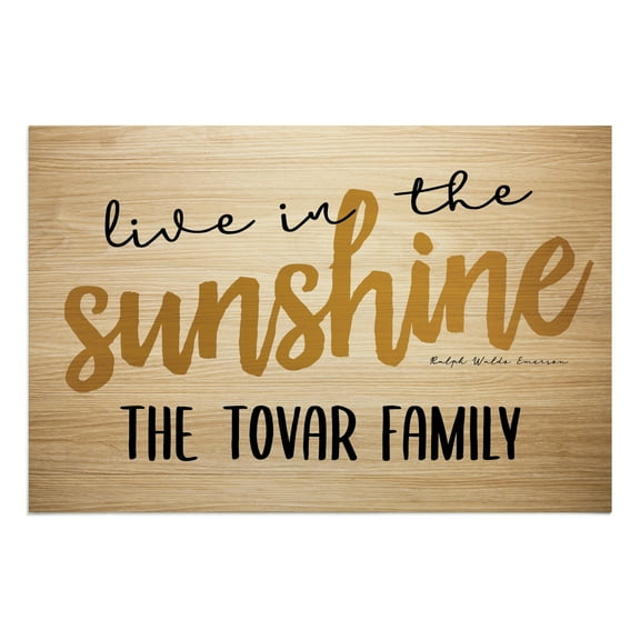 Personalized Planet 27x18 Ralph Waldo Emerson Live in The Sunshine Doormat with Custom Family Name Printed on Light Brown Rectangular 1/8” Thick Non Slip Mat for Kitchen Hallway Deck or Porch