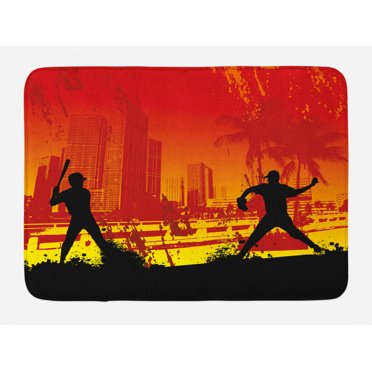 Teen Room Bath Mat, Men Playing Baseball in the Town City Park Tall Buildings Urban Scenery, Non-Slip Plush Mat Bathroom Kitchen Laundry Room Decor, 29.5 X 17.5 Inches, Red Yellow Black, Ambesonne