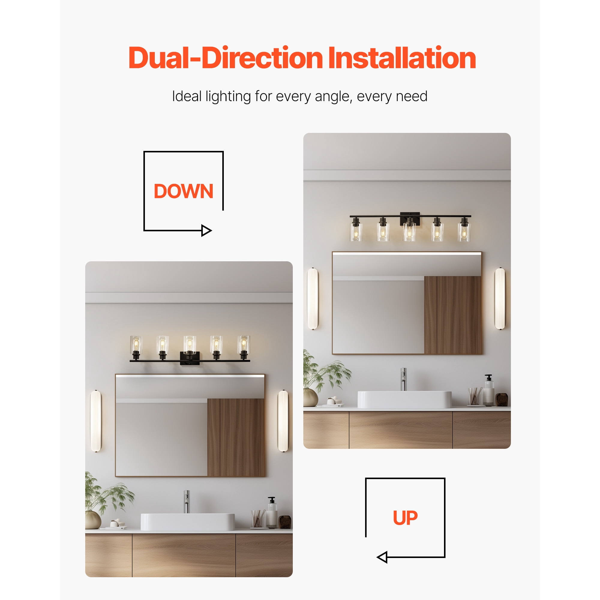 KFFKFF 5-Light Bathroom Vanity Fixture, 37.1-Inch Modern Wall Light with Clear Glass Shades, 60W, Suitable for Bathroom, Living Room, Bedroom, Hallway, E26 Base (Bulbs Not Included)