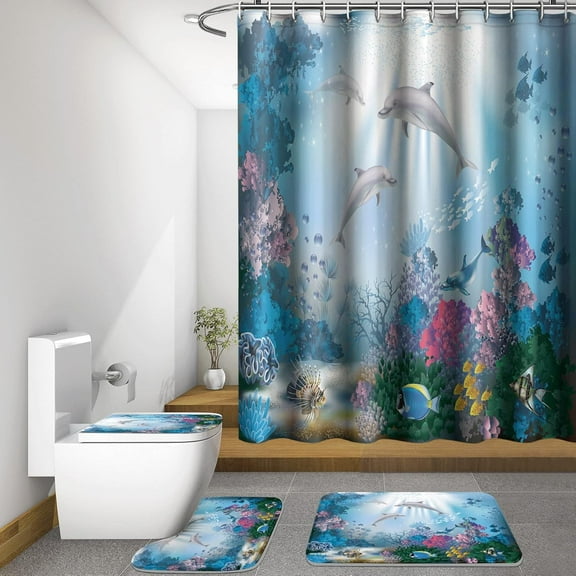 4 Piece Dolphins Shower Curtain Set with Non-Slip Rugs, Toilet Lid Cover and Bath Mat, Shower Curtain with 12 Hooks, Durable Waterproof Bathroom Decor Set