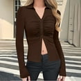 thumbnail image 3 of vdgthytj Womens Button down Shirts V Neck Collared Ruched Slim Fitted Long Sleeve Shirt Casual Fashion Tops, 3 of 7