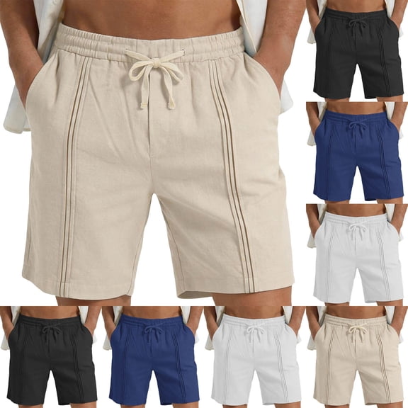 CHGBMOK Mens Shorts Solid Color Trendy Linen Shorts Drawstring Elastic Waist Casual Shorts Summer Beach Vacation Outfits