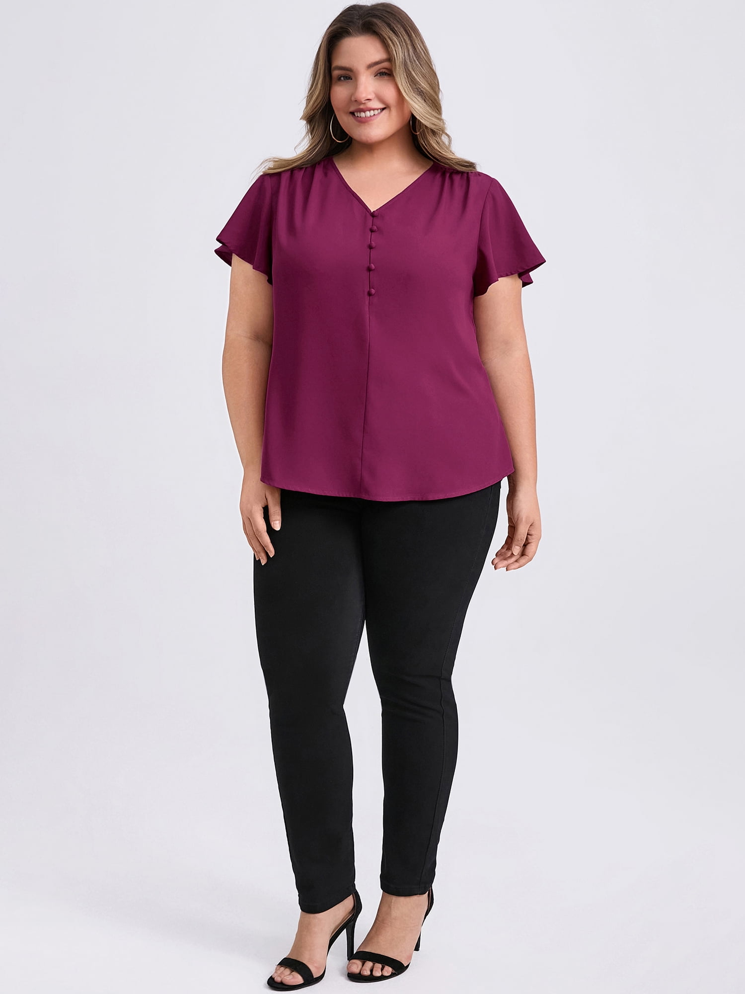 DARING DIVA Women's Plus Ruffle Sleeve V Neck Button Decor Blouse 4X Purple Red