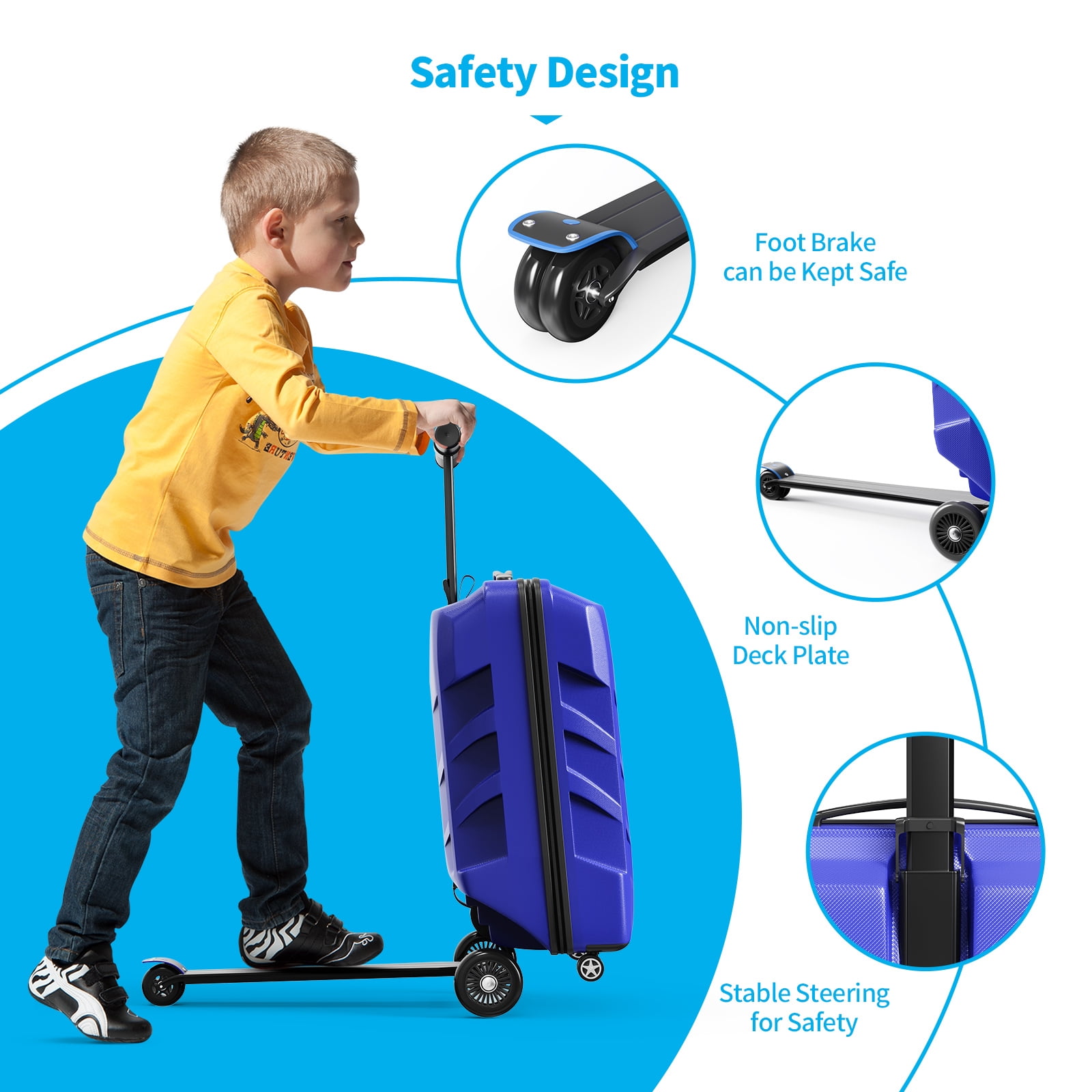 TABU Scooter Luggage for Kids & Adults, Carry on Luggage with Wheels for Kids Ages 6-15,Blue