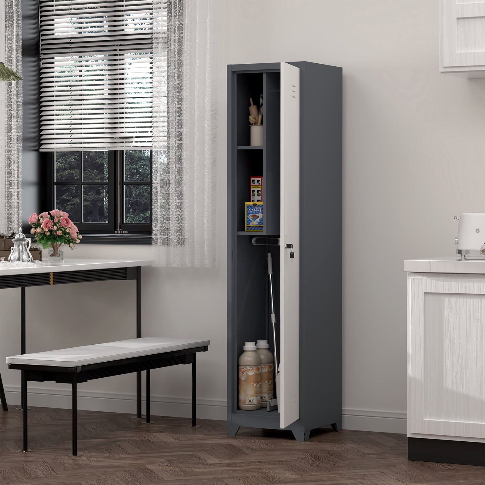Slim Broom Storage Cabinet with Locking Door,65" Narrow Metal Cabinet with Shelves,Heavy-Duty Bathroom Storage Cabinet for Kitchen,Pantry,Office,Shop,Garage,1pcs,White+Grey