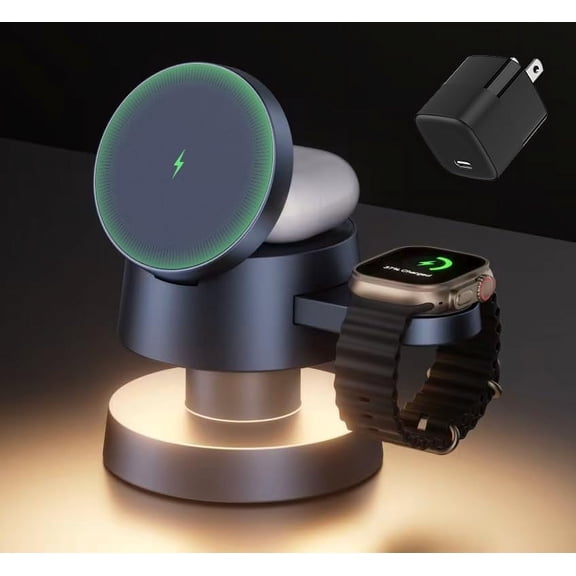 for iPhone 16 Pro Max 4 in 1 Wireless Charging Station with Mushroom Light for MagSafe Magnetic Charger, 22.5 W Travel Stand, 3 in 1 Fast Charge Multiple Devices, Apple iWatch Ultra, Airpods