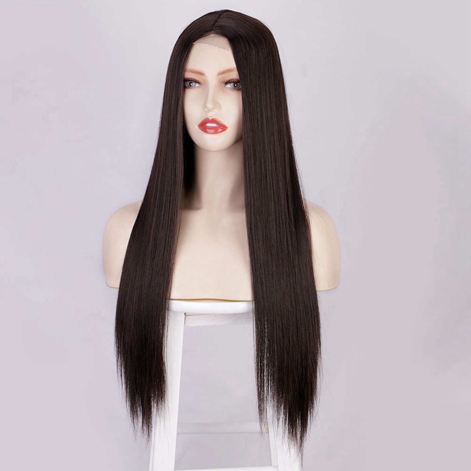 European Human Hair Blend Long Straight Lace Front Wig Middle Part Natural Synthetic Fiber Headpiece For Women
