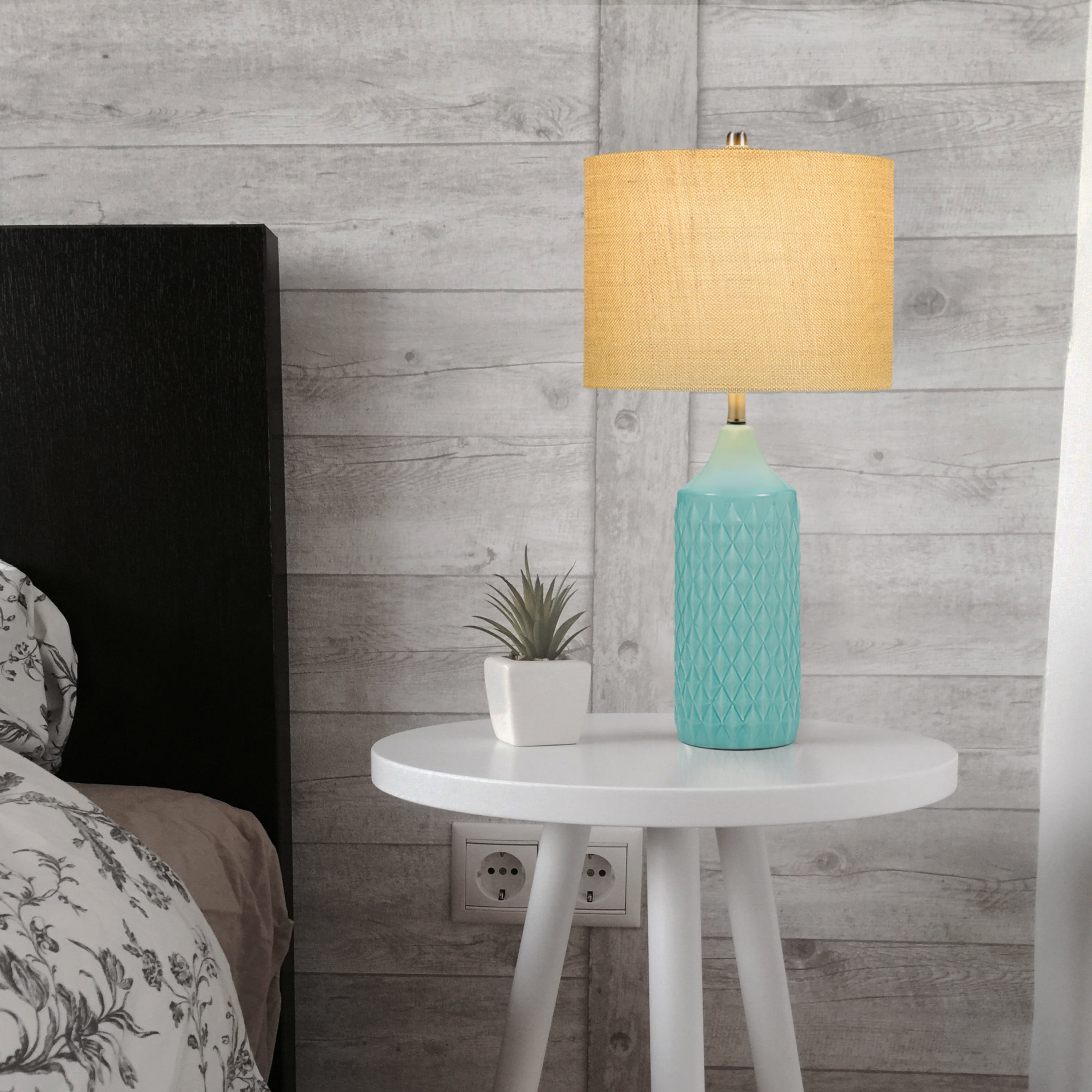 Cresswell Lighting 26.5" Coastal Quilted Ceramic Table Lamp with Natural Linen Drum Shade, Aqua Blue Finish