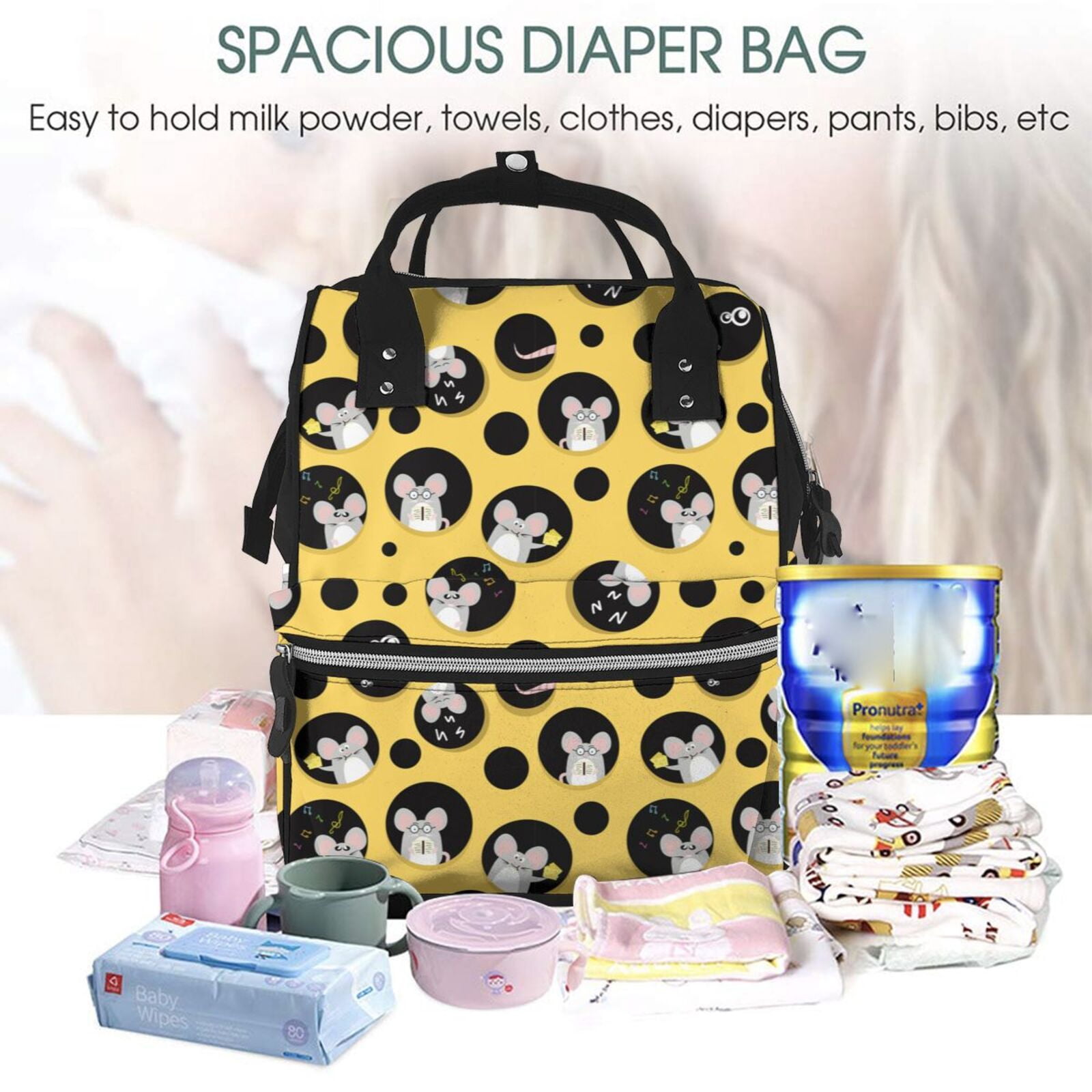 Fuzoiu mouse live in cheese home Print Diaper Bag Backpack,Baby Essentials Travel Tote,Multi function Waterproof Diaper Bag, Travel Essentials Baby Bag - Unisex