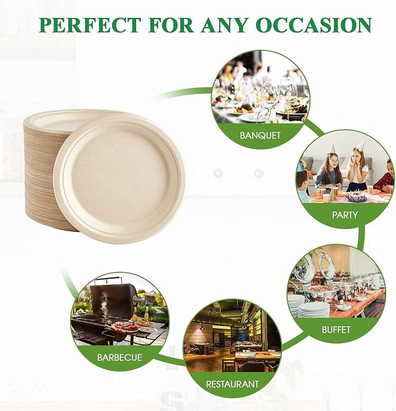 150 Pack Paper Plates 9 inch 100% Compostable, Heavy-Duty Disposable Paper Plates Bagasse Natural Biodegradable Eco-Friendly Sugarcane