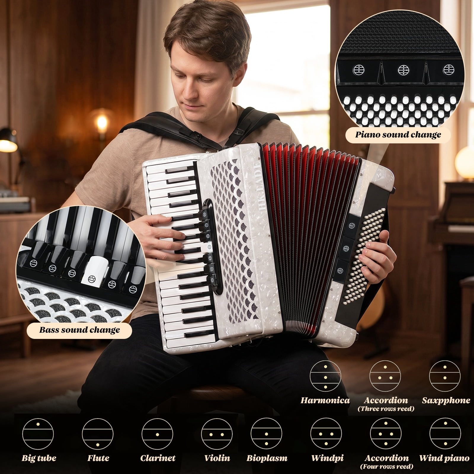 Hemoton 37 Key 96 Bass Accordion, White, Exceptional Sound Range for Musicians, Classes and Live Shows