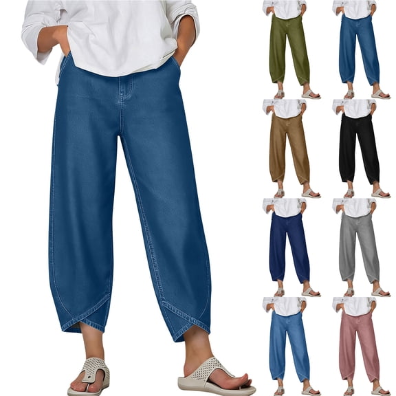 Bloomae Women's Wide Leg Cropped Imitation Denim Pants Elastic Waist Loose Fit Trousers Lightweight Casual Summer Petal Harem Lounge Pants with Pockets Navy XXL