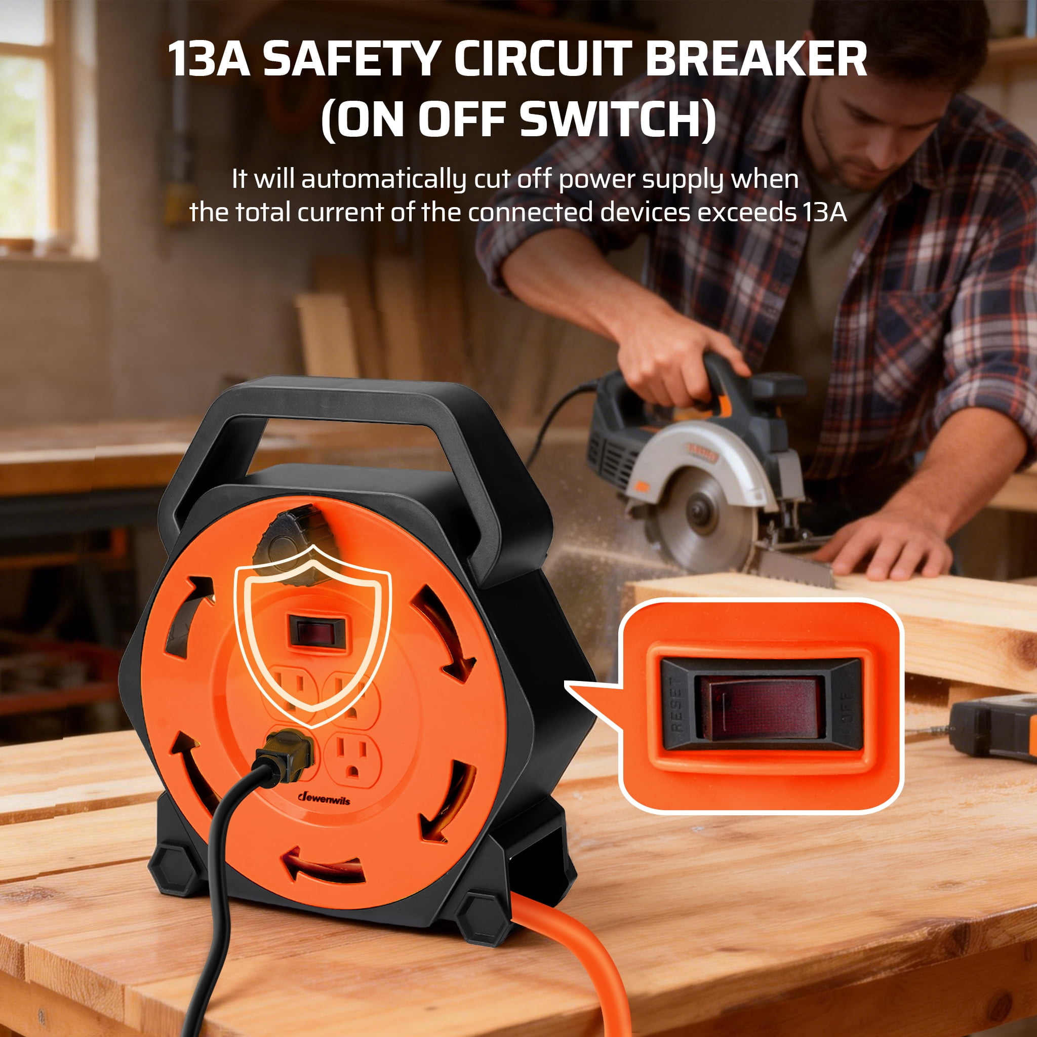 DEWENWILS 25ft Heavy-Duty Cord Reel 13A 125V 16AWG SJTW Orange Reel with On/Off Switch & Circuit Breaker