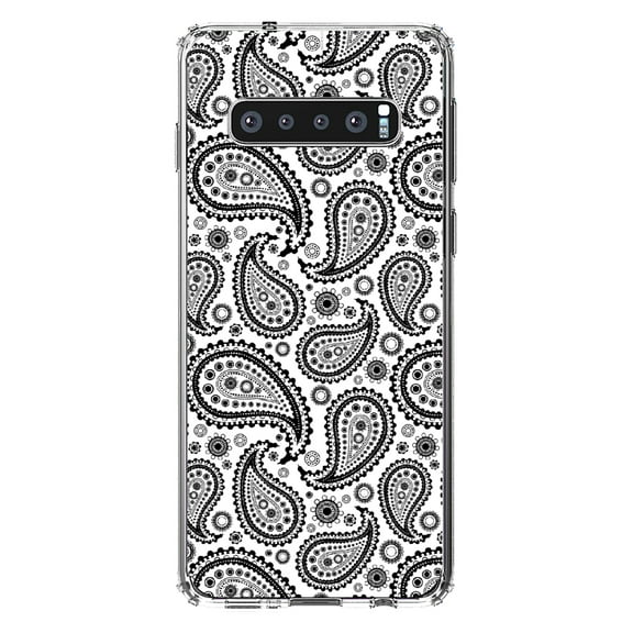 DistinctInk Clear Shockproof Hybrid Case for Samsung Galaxy S10  PLUS(6.4" Screen) - TPU Bumper, Acrylic Back, Tempered Glass Screen Protector - Black & White Paisley