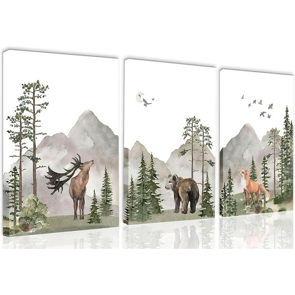 Hieng Woodland Nursery Canvas Wall Art, Wild Animals Forest Adventure Theme Posters Prints, Deer Bear Fox Watercolor Paintings Wall Decor for Boys and Girls Room (only canvas)