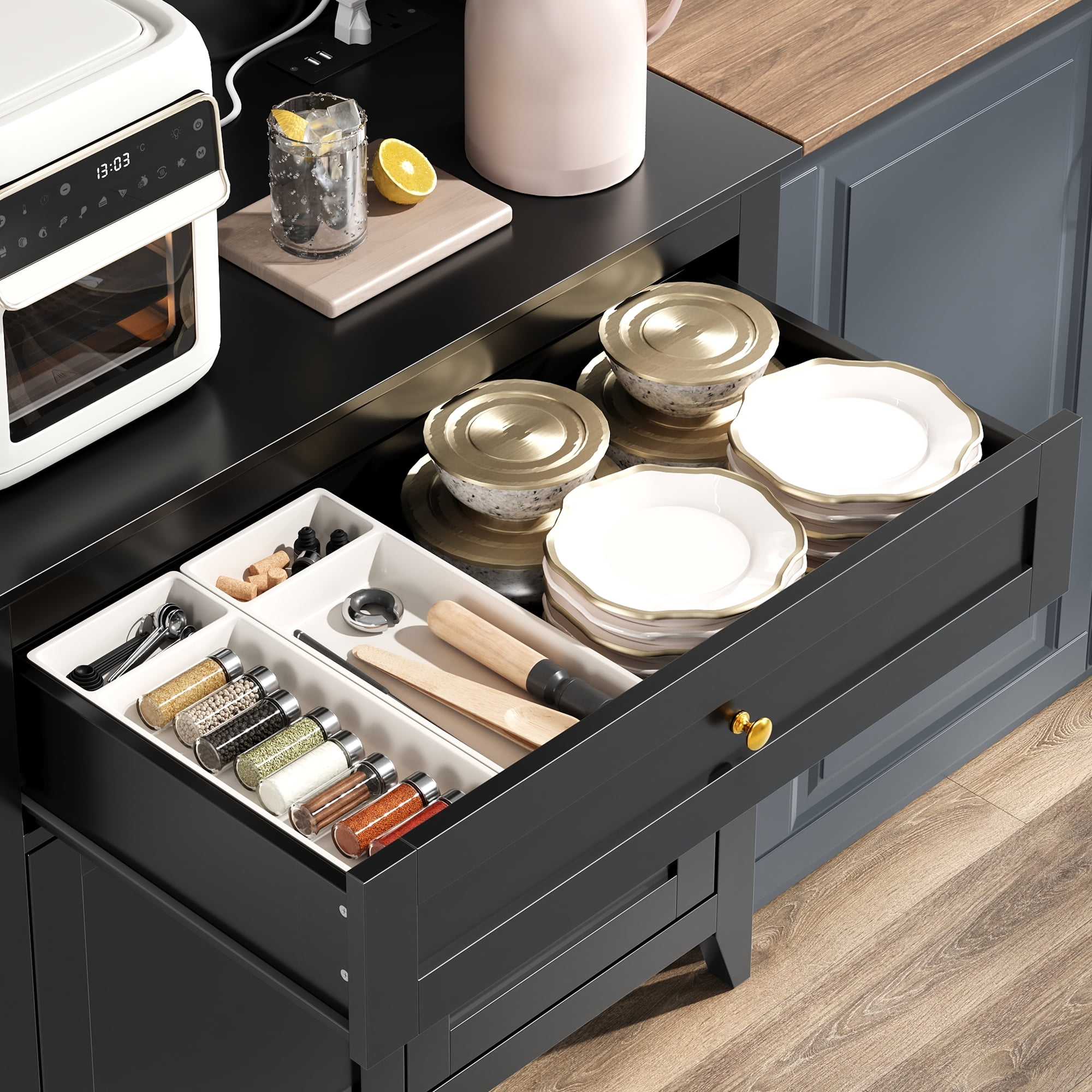63" Pantry Cabinet, Kitchen Pantry Storage Cabinet with Outlet, Kitchen Hutch with Microwave Shelf & 4 Hooks, Door Shelves & Drawer & Adjustable Shelves, for Dining Room