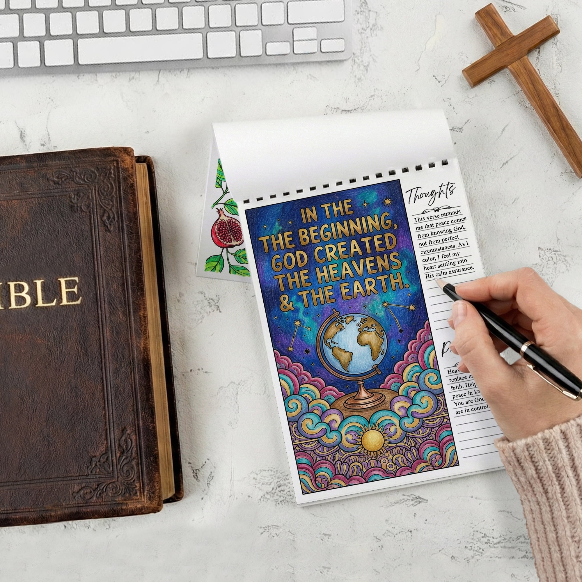 Genesis Coloring Book for Adults, 30 Minimalist Scripture Art Pages with Reflection & Prayer Space, Spiral Bound, A4 or A5 Softcover or Wood Cover