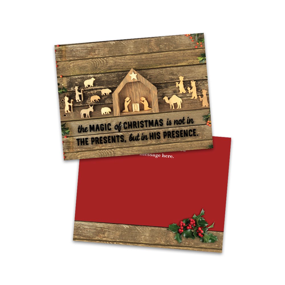 Personalized Faux Wood Manger Scene Folded Christmas Card