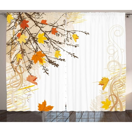 Brass Woodland Leaf - Nature Curtains 2 Panels Set, Autumn Maple Leaves Branches in Fall Earthen Tones Faded Woodland Art Print, Window Drapes for Living Room Bedroom, 108W X 90L Inches, Tan Yellow Orange, by Ambesonne