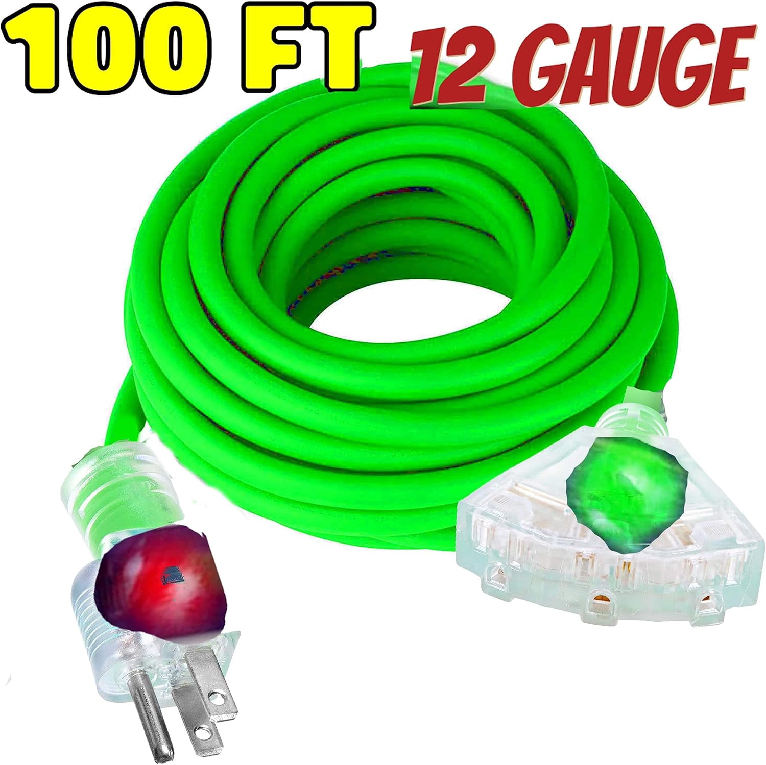 12/3 Extension Cord 100 ft Outdoor Indoor Heavy Duty 100 ft Extension Cord 12/3 12 Gauge Extension Cord 3 Outlet Lighted 15 Amp 1875 Watts Triple Outlet 12 Gauge Extension Cord 100 ft Copper