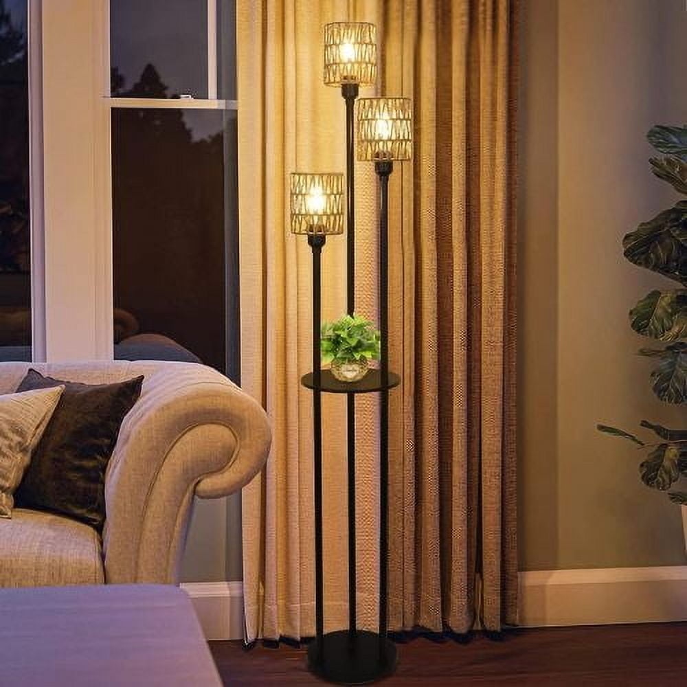 Hi-LIGHTS,3-Lights Boho Floor Lamp with Shelves & ON/OFF Foot Switch,Farmhouse Tall Floor Lamp,Rustic Standing Lamp with Rattan Shades for Living Room,Bedroom,Office(Black+Brown)