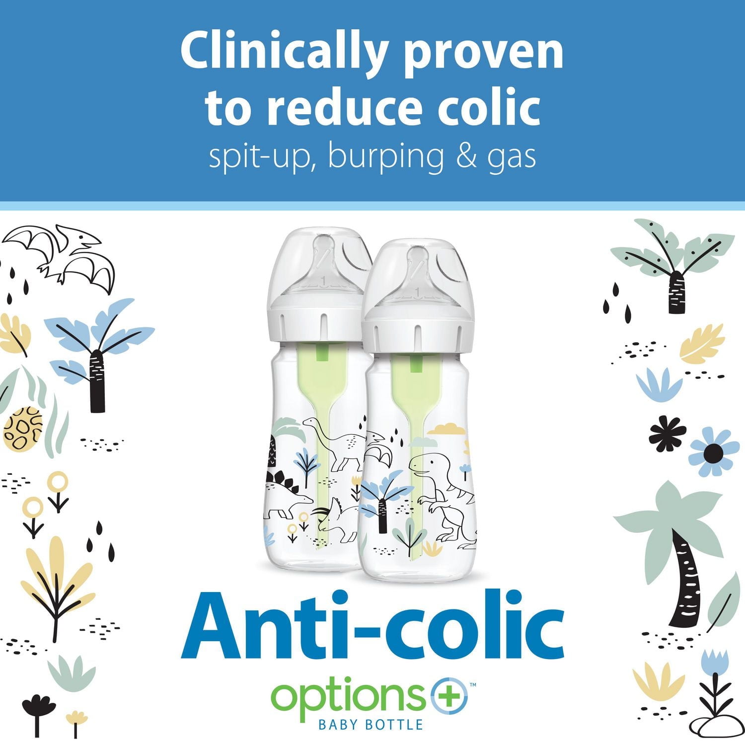 Dr. Brown's Natural Flow Anti-Colic Options+ Wide-Neck Baby Bottle Designer Edition Bottles, Dino Decos, 2x9oz Bottles, Level 1 Nipple