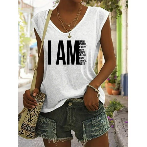 MORTTIC Women's Sleeveless V-Neck Print Tank Tops Casual Loose Fit Summer Cartoon Graphic T-Shirts & Tunic Blouses