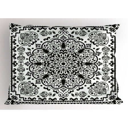 Ethnic Pillow Sham Ethnic Mandala Floral Lace Paisley Mehndi Design Tribal Lace Image Art Print, Decorative Standard Queen Size Printed Pillowcase, 30 X 20 Inches, Black and White, by