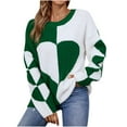 thumbnail image 2 of Fall Sweater For Women 2024 Trendy Round Neck Sweater Loose Long Sleeve Color Blocked Cute Love Heart Printed Sweater Green L, 2 of 7