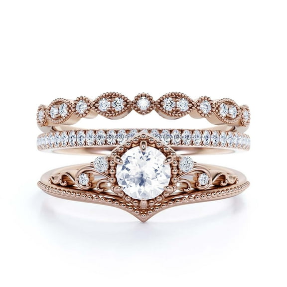 Trio Rings Art Deco 2.50 Carat Round Cut Diamond Moissanite Crown Engagement Ring, Wedding Ring in 925 Sterling Silver With 18k Rose Gold Plating, Gift For Her, Promise Rings, Anniversary Ring