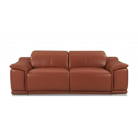 HomeRoots 86" Camel And Silver Italian Leather Reclining USB Sofa