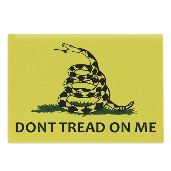 Don't Treat on Me Cutting Board, American Independence Rattlesnake Gadsden Flag, Decorative Tempered Glass Cutting and Serving Board, in 3 Sizes, by Ambesonne