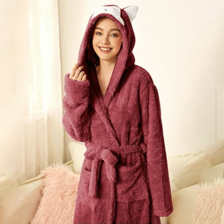

FZM Women S Double Pocket 3d Ear Hooded Flannel Bathrobe Soft And Warm Double Faced Velvet Bathrobe Pajamas And Home Wear