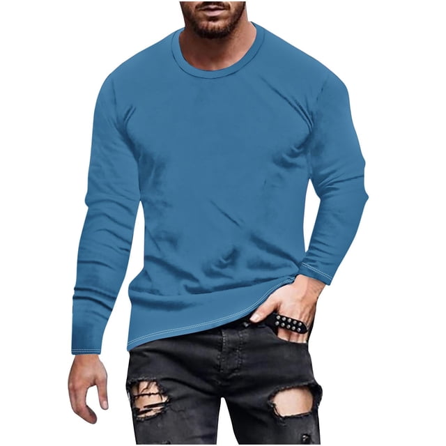 Dagugfen Plus Size Tops for Men Long Sleeve Crewneck Slim Solid Color Comfy Leisure Workout Shirts Fall
