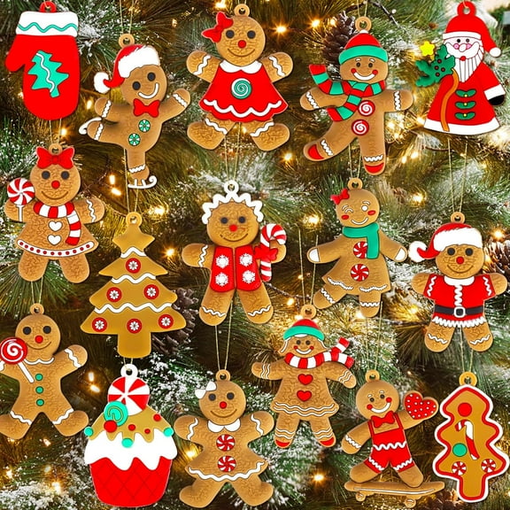 16Pcs Gingerbread Man Ornaments for Christmas Tree, Cute Gingerbread Chritmas Decorations for Xmas Tree Hanging Decor DIY Craft Party Supplies