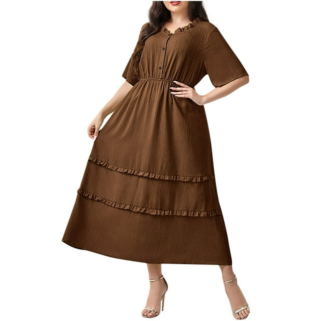 Dvprdro Robe d'Été pour Femme Grande Taille Mode Unie à Boutons Col Ras du Cou Manches Courtes à Étages Plissée à Volants Fluide Évasée Décontractée Ample Plage Soleil Longue Robe Maxi